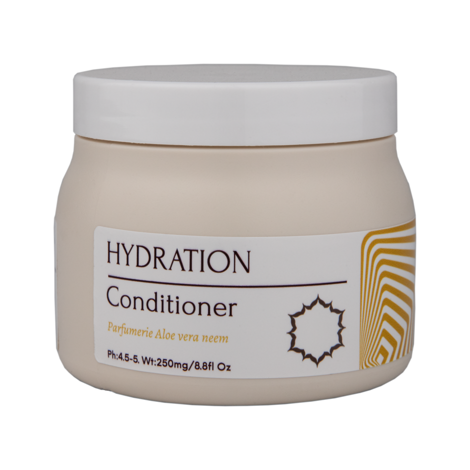 Hydration Conditioner for dry, damaged hair. Enriched with mango butter, coconut oil, and Pro-Vitamin B5, it hydrates and revitalises with an Aloe Neem scent.