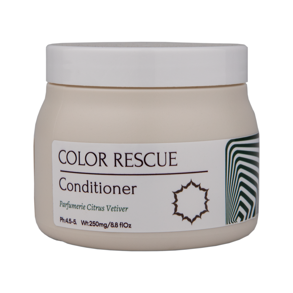 Color Rescue: Conditioner for coloured hair. Enriched with olive oil, argan oil, and Pro-Vitamin B5, it protects colour and adds shine with a Citrus Vetiver scent.