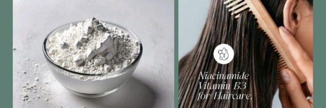 niacinamide powder in a glass bowl and a women combing her hair having a product in it , the product has niacinamide vitamin B3 in it.